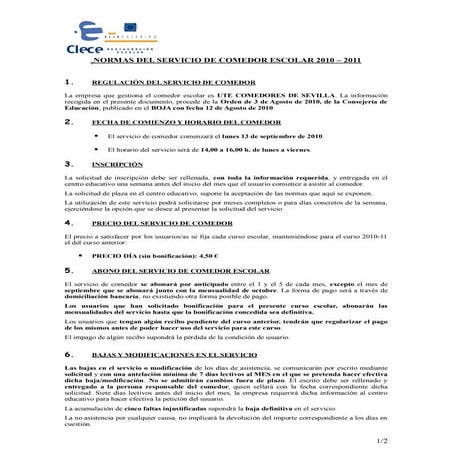 Resumen reglamento comedor escolar 2010 11
