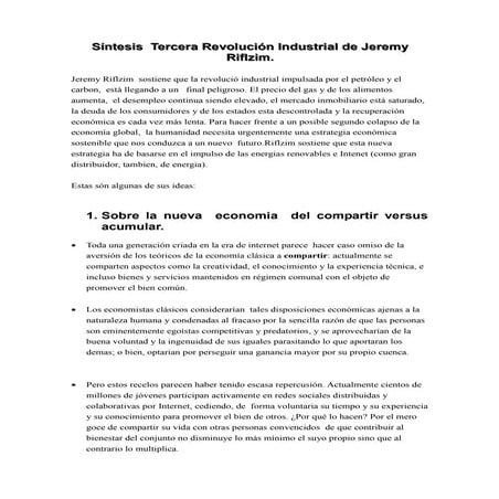 Resumen tercera revolución industrial de jeremy riflzim