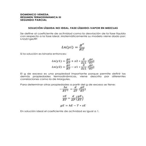TERMODINAMICA III SOLUCION LIQUIDA NO IDEAL  FASE LIQUIDO VAPOR EN MEZCLAS (P...