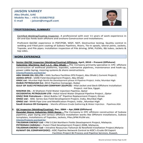 Resume of jaison varkey, QA/QC  inspector welding,coating offshore Oil & Gas