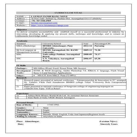 Resume of laxman nijve  mba II (marketing) in t abular format
