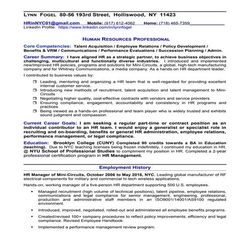 Resume of Lynn Fogel   Human Resources professional seeking part-time employm...