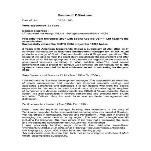 Resume Of  Psivakumar