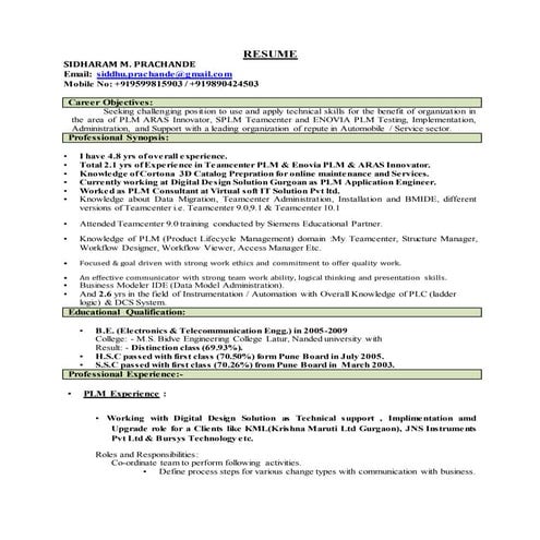 Resume of sidharam prachcande  PLM Consultant