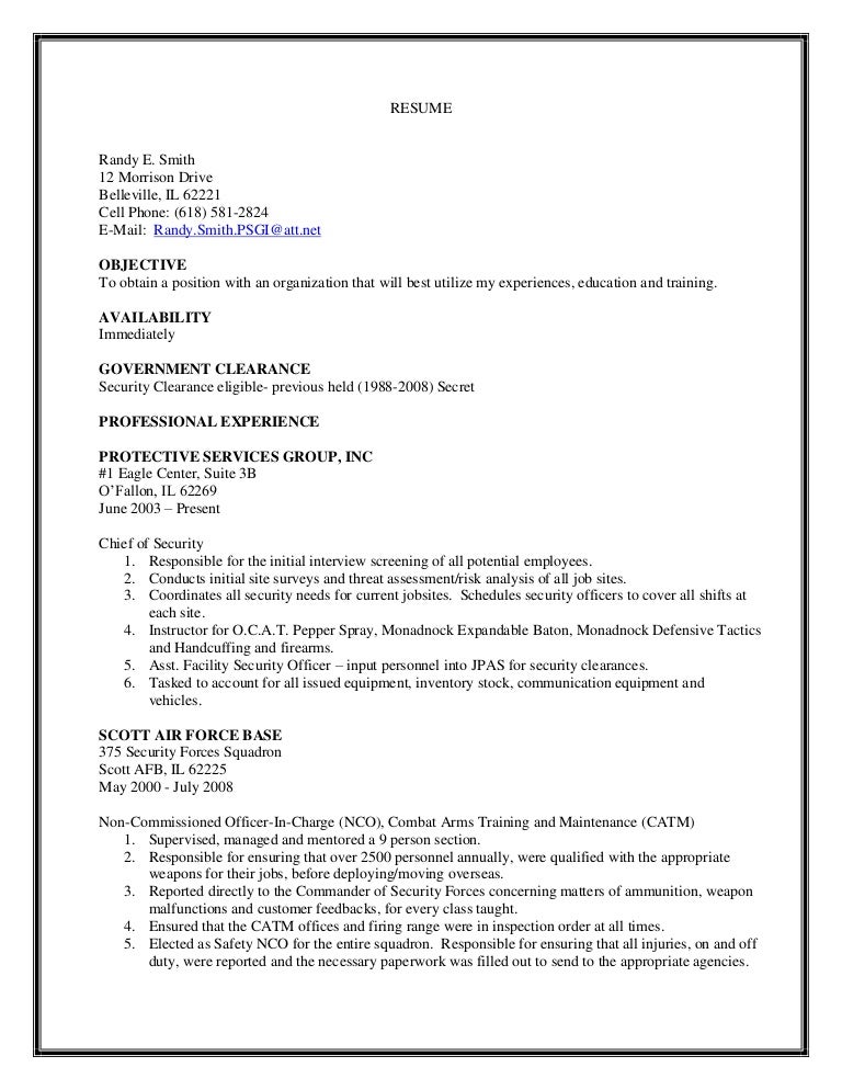 chief of securitys resume