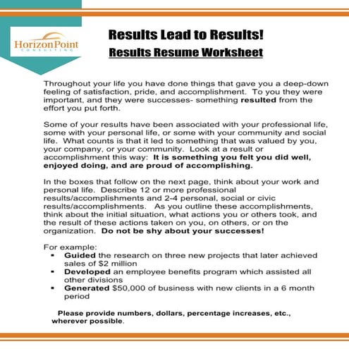 Resume results worksheet