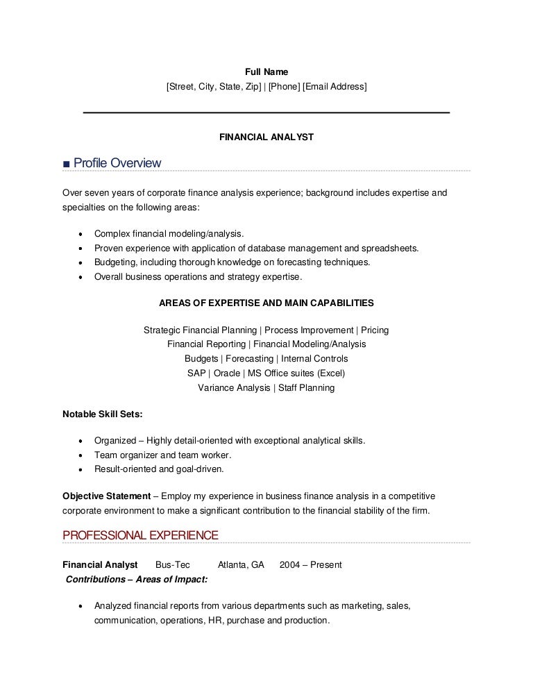 resume sample of finance analyst