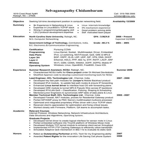 Selva Resume 3+ Experienced Networking Engineer