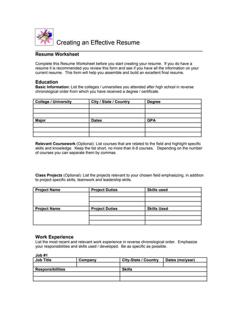 Resume Worksheet PDF - Resumeworksheet 090914144821 Phpapp01 Thumbnail 