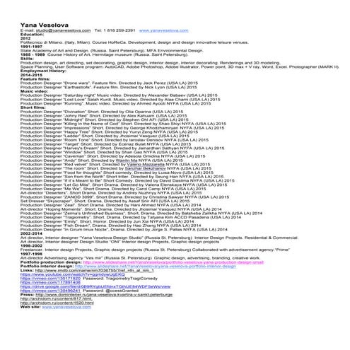 Resume yana veselova production design