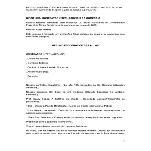 Resumo aulas bruno wanderley    disciplina contratos internacionais