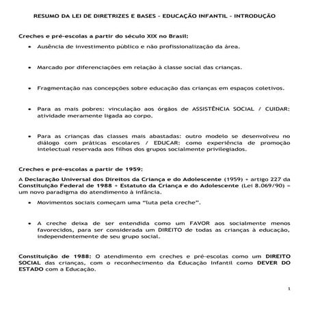 Resumo da lei de diretrizes e bases educação infantil | DOC