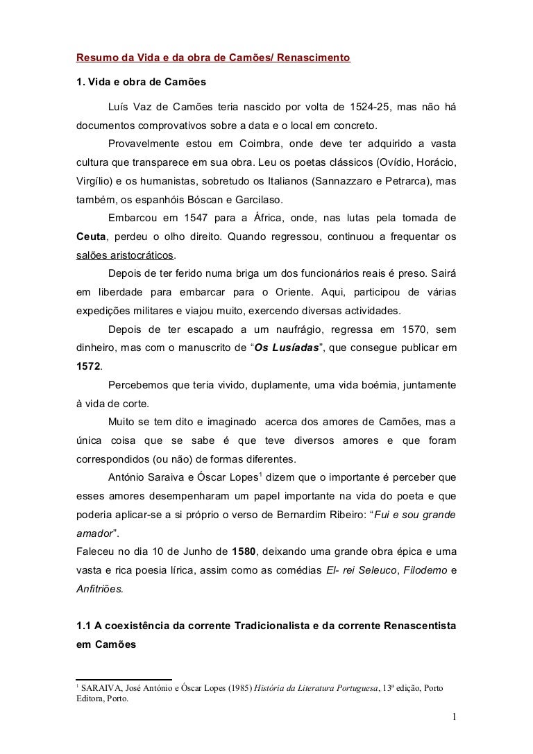 Resumo Da Vida E Da Obra De Camoes