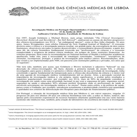 Investigação Médica em Portugal: Oportunidades e Constrangimentos.