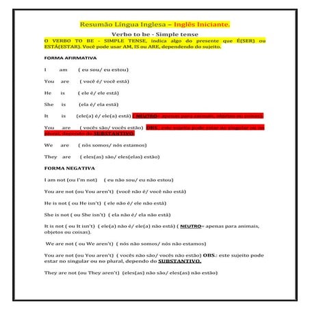 Resumão língua inglesa - Inglês básico.