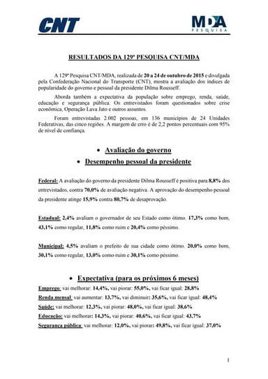 Resumo resultados Pesquisa CNT/MDA - Outubro 2015