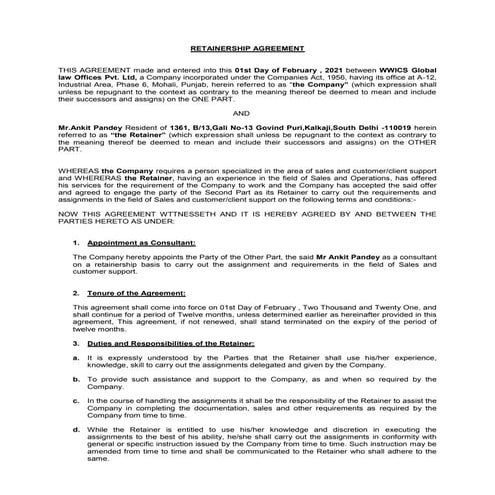 Retainership agreement mr.ankit