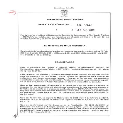 Retilap Reglamento técnico de iluminación y alumbrado público | PDF