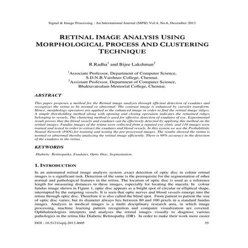 Retinal image analysis using morphological process and clustering technique