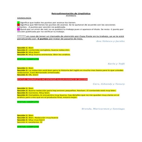 Retroalimentación de  avances de proyecto de lingüística
