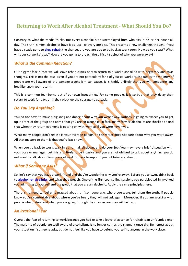Returning to work after alcohol treatment what should you do