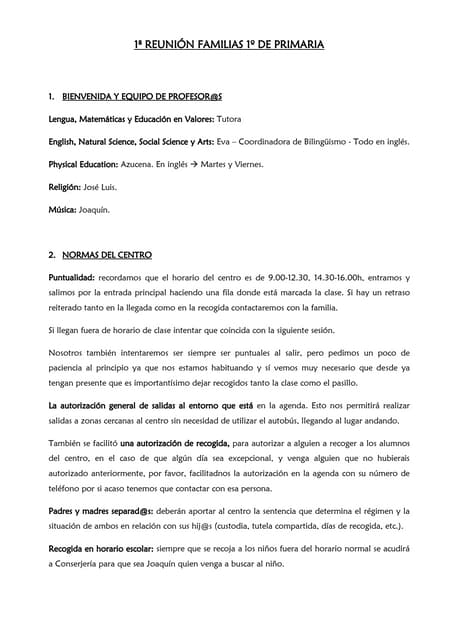 Primera reunión familias 1ºA