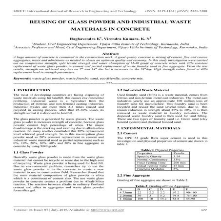 Reusing of glass powder and industrial waste materials in concrete