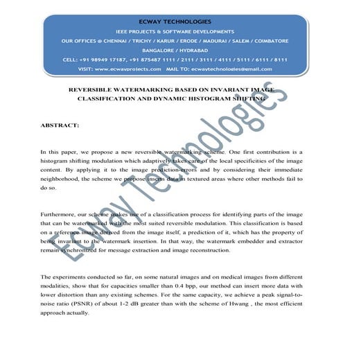 Reversible watermarking based on invariant image classification and dynamic h...