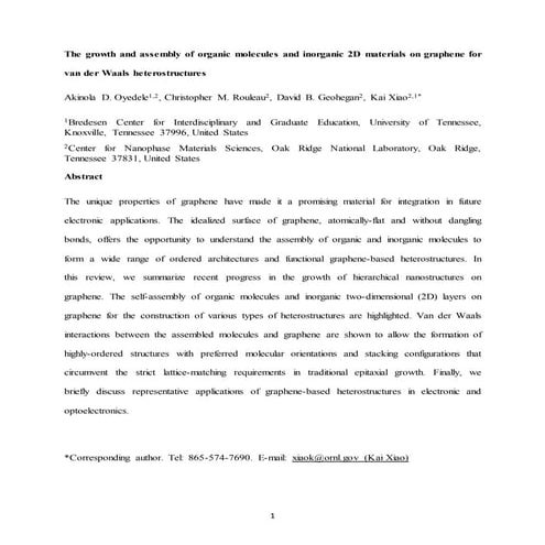 The growth and assembly of organic molecules and inorganic 2D materials on gr...