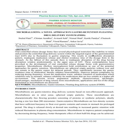 MICROBALLOONS: A NOVEL APPROACH IN GASTRO-RETENTION FLOATING DRUG DELIVERY SY...