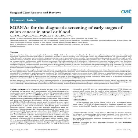 MiRNAs for the diagnostic screening of early stages of colon cancer in stool or blood