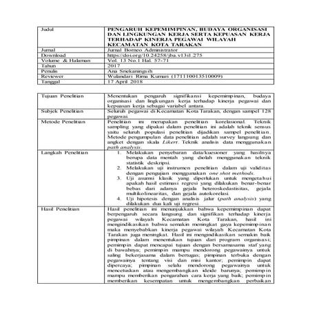 Contoh Review Jurnal Ilmiah (PENGARUH KEPEMIMPINAN, BUDAYA ORGANISASI DAN LIN...