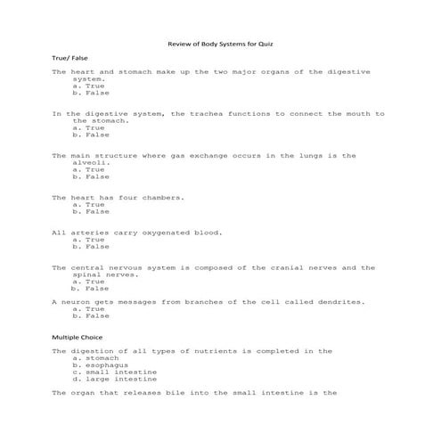 Review of body systems for quiz