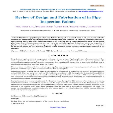 Review of Design and Fabrication of in Pipe Inspection Robots