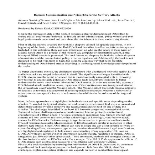 Review of internet denial of service attack and defense mechanisms