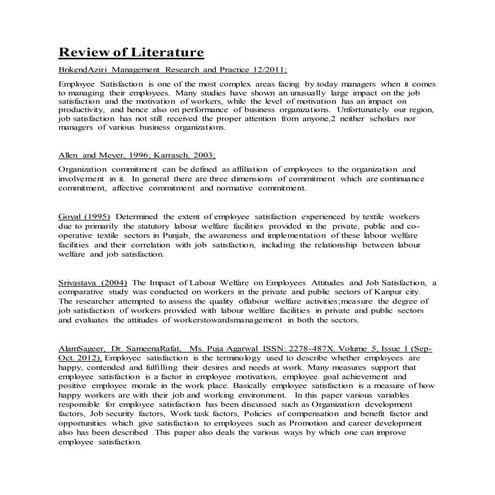 Review of literature on employees satisfaction 