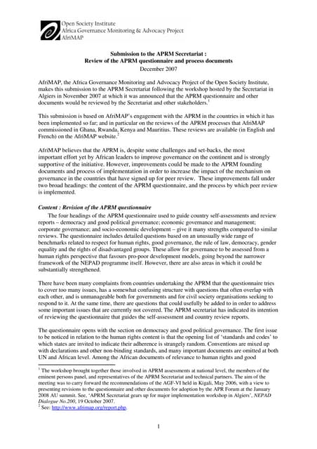 Review of the aprm questionaire and process documents 