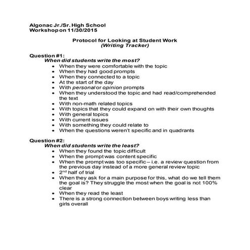 Review of writing tracker activity from 11/30/15