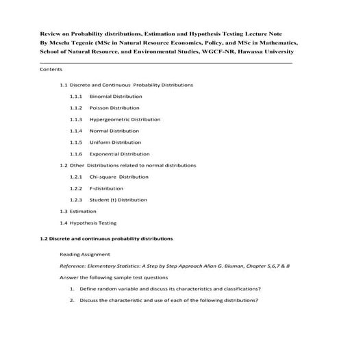 Review on probability distributions, estimation and hypothesis testing