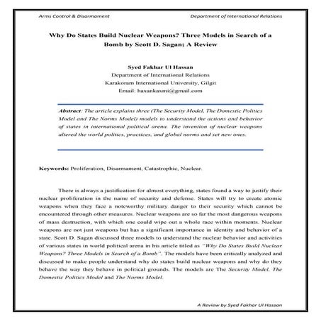 Why Do States Build Nuclear Weapons? Three Models in Search of a Bomb by Scot...