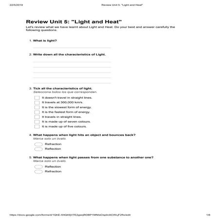 Review unit 5: Light and Heat