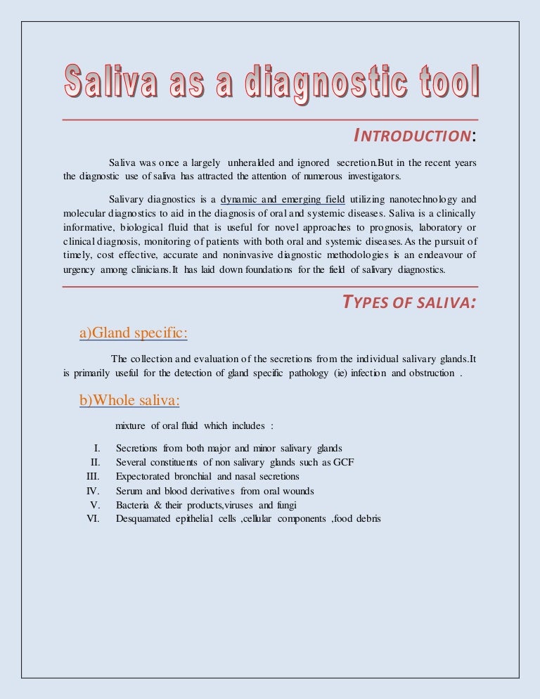 Revised saliva as a diagnostic tool