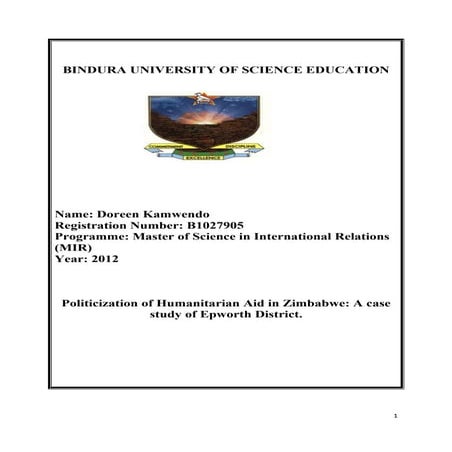 Politicization of Humanitarian Aid in Zimbabwe: A case study of Epworth's Dom...