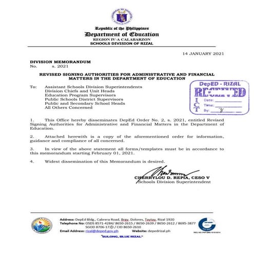 Revised signing authorities for administrative and financial matters in the d...