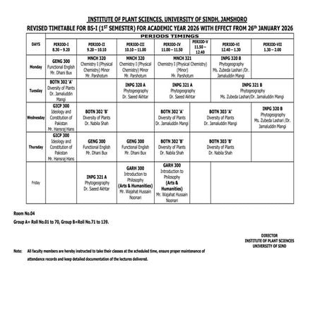 Comprehensive Revised Timetable for BS Plant Sciences 2026 Semester 1 | PDF
