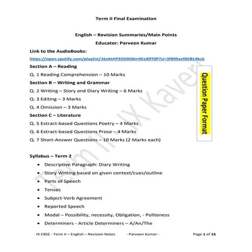 Grade 9 - CBSE  - English - Revision Document