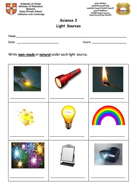 Light sources worksheet | PDF