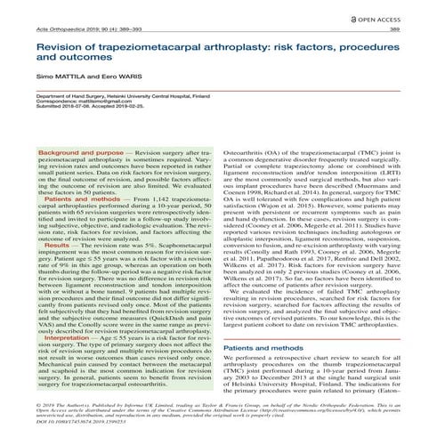 Revision of Trapeziometacarpal Arthroplasty: Risk Factors, Procedures ...