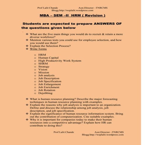 Revision questions for @nd sem hrm