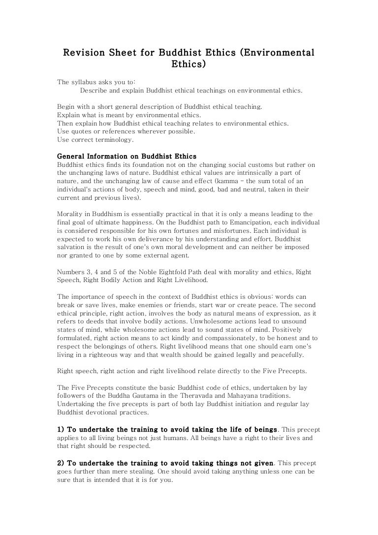 Revision Sheet For Buddhist Ethics